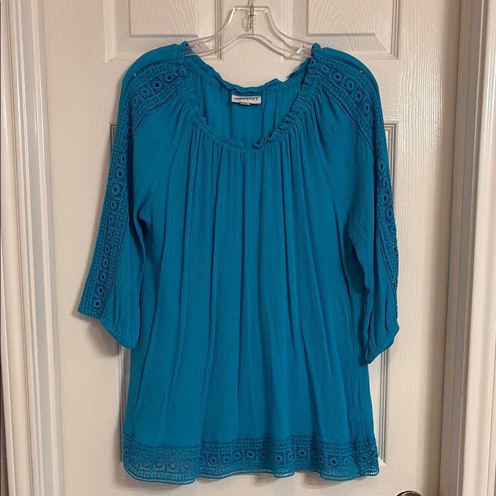 Westport Teal Blouse with Lace Trim